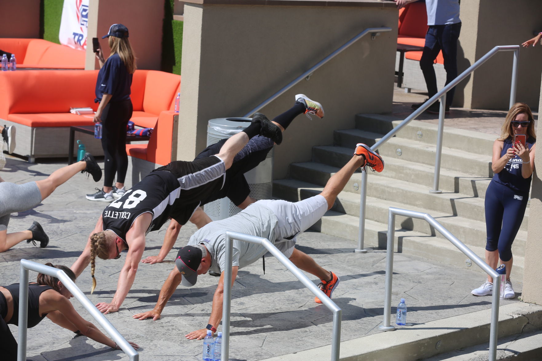 Actor Mark Wahlberg helps to lead a F45 track workout at Ocean Casino Resort in Atlantic City as part of the casino's one-year anniversary Saturday, June 22, 2019.